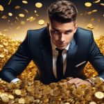 Successful man in a pile of gold coins